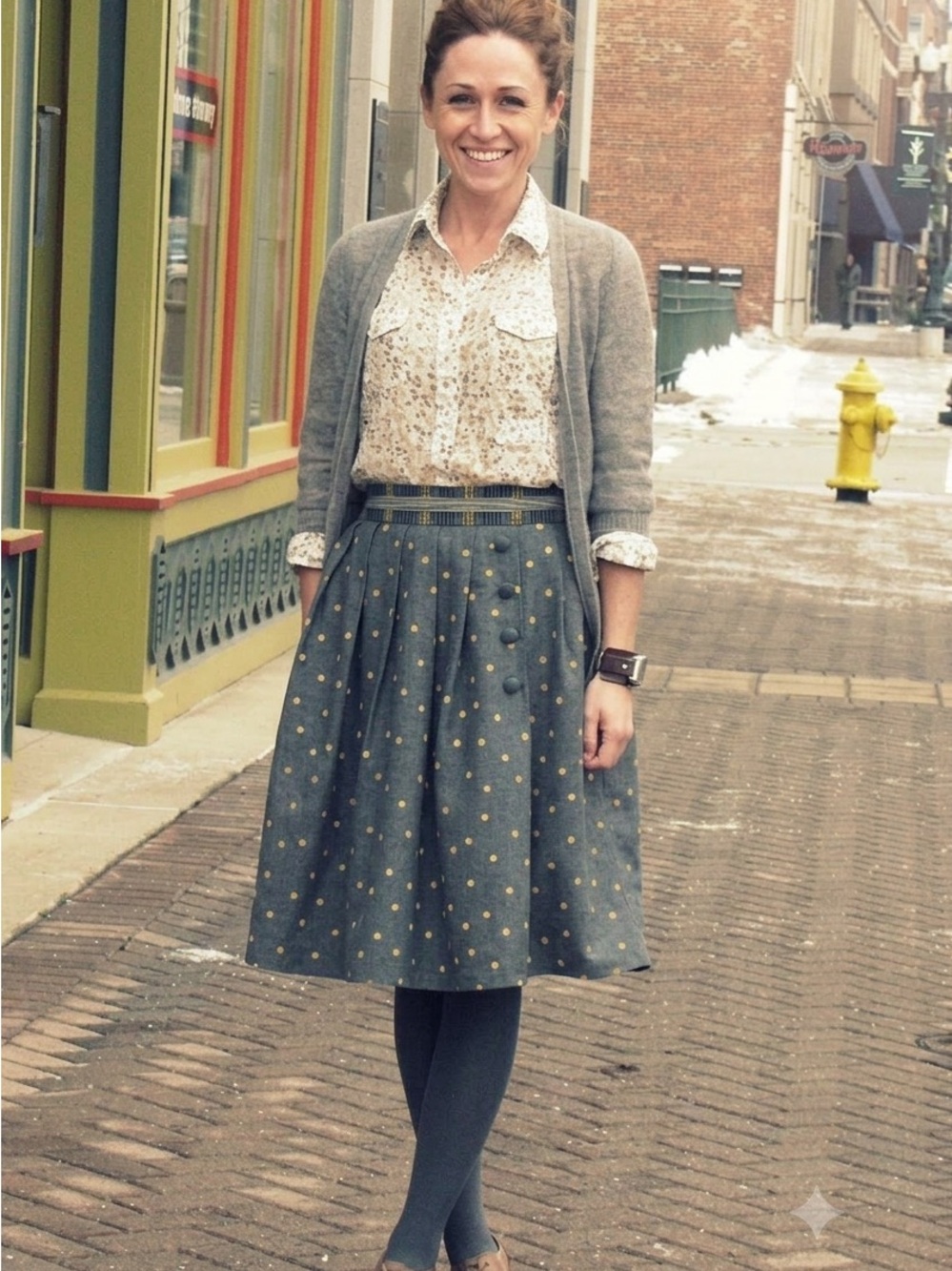 Plenty by Tracy Reese Gray A-Line Midi Skirt with Yellow Dot Accents